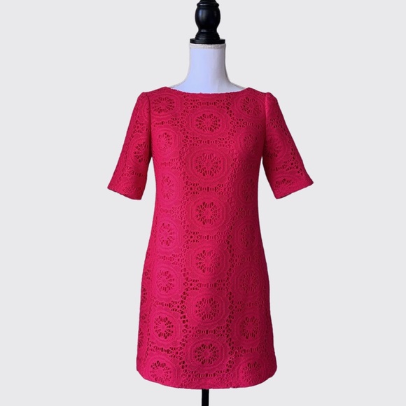 ADRIANNA PAPELL HOT PINK MEDALLION LACE CUTOUT SHIFT DRESS - Picture 15 of 16